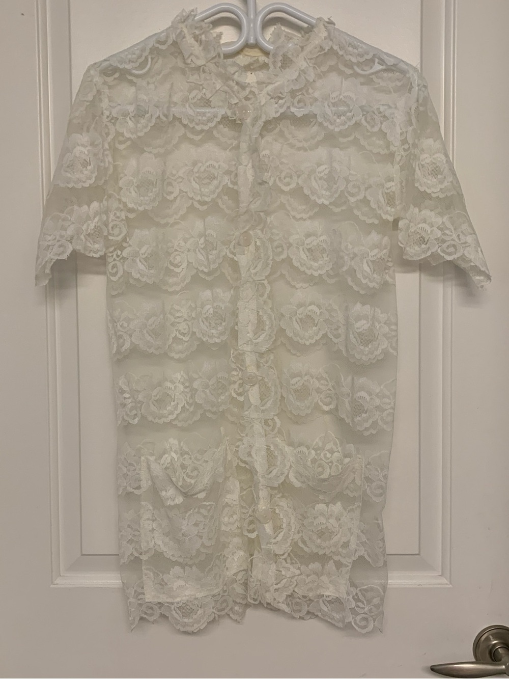 Vintage 60s White Lace Cardigan M Floral Sheer Cottagecore Victorian Boudoir